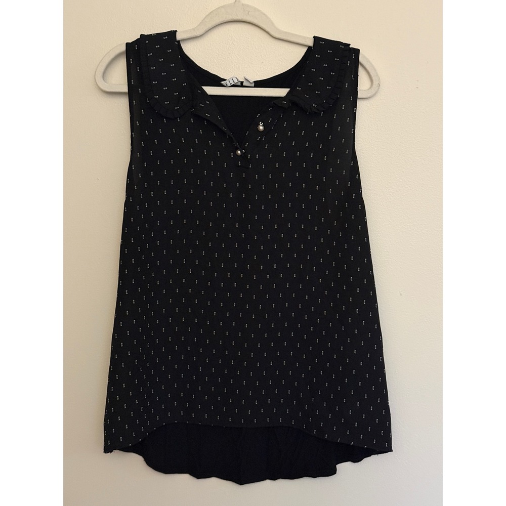 Elle Black Sleeveless Blouse Ruffled Collar Dot Print Chiffon Overlay Womens XL